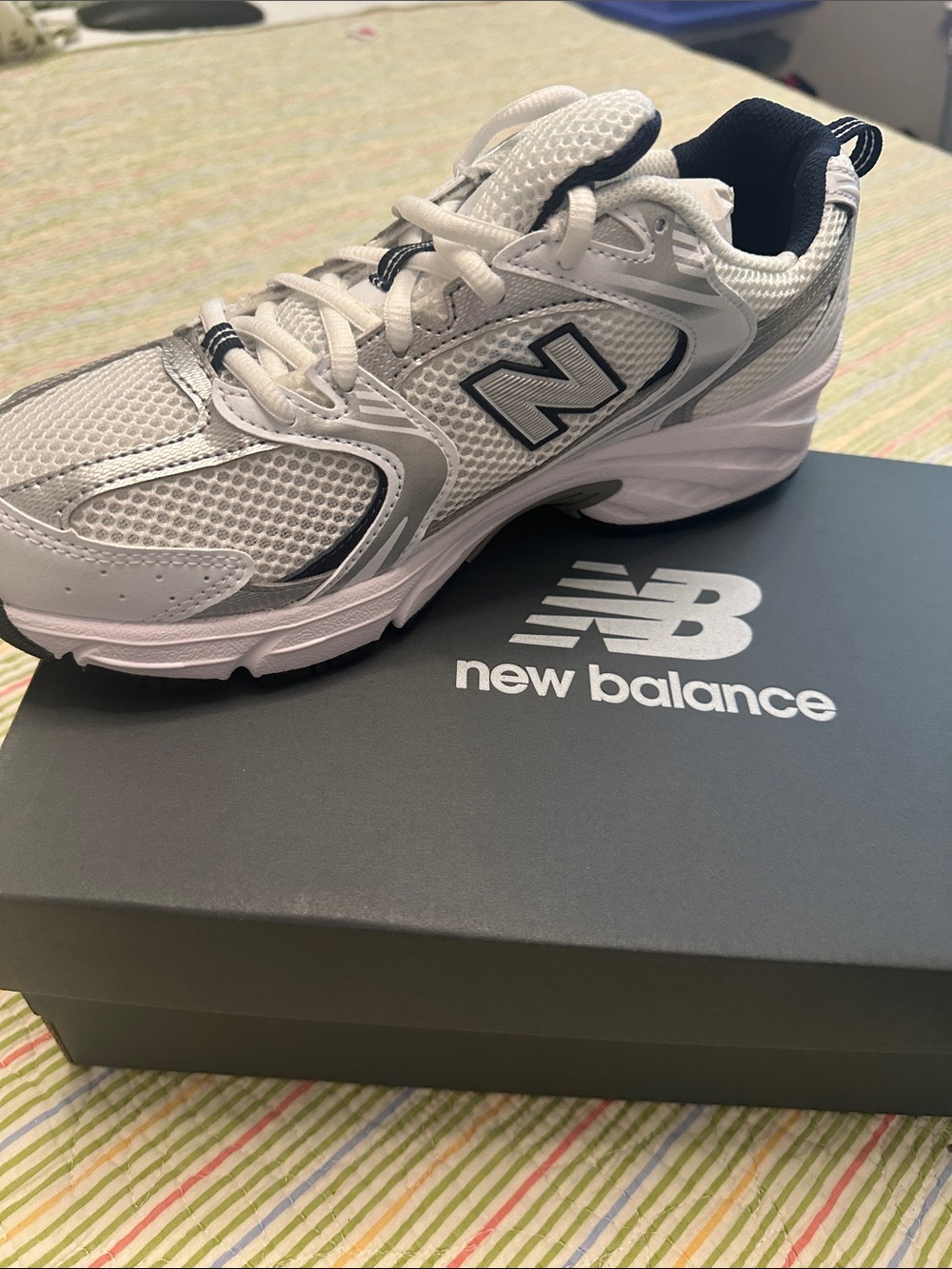 New Balance White and Gray Men's Athletic Sneakers with Navy Accents